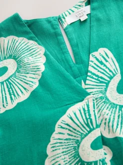 Next Floral vert - Court robe kaftan à manches courtes et col en V en Lin Outlet