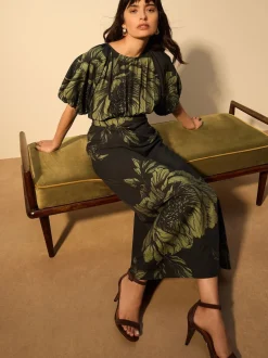 Next Floral vert - Robe mi-longue imprimée à manches bouffantes Clearance