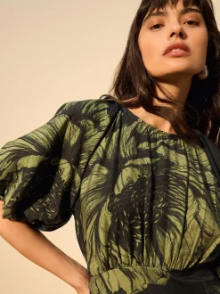 Next Floral vert - Robe mi-longue imprimée à manches bouffantes Clearance