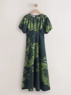 Next Floral vert - Robe mi-longue imprimée à manches bouffantes Clearance