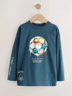 Next - T-shirt graphique décontracté en coton à manches longues (3-16ans) Football bleu moyen Clearance