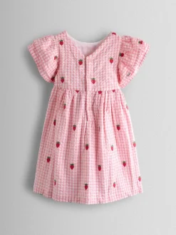 Jojo Maman Bébé Fraise vichy rose - Robe Fleuri Brodée à manches à volants Discount