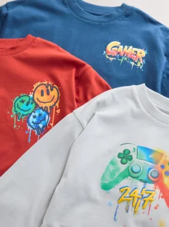 Next - Lot de 3 T-shirts à manches longues coupe décontractée avec imprimé graphique (3-16ans) Gamer bleu marine/gris/rouge Online