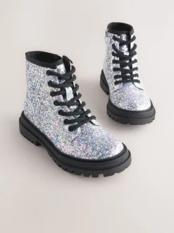 Next - Warm Lined À lacets Ankle Bottes Glitter d'argent Clearance