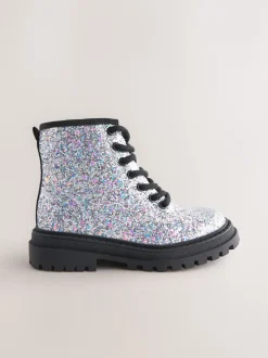 Next - Warm Lined À lacets Ankle Bottes Glitter d'argent Outlet