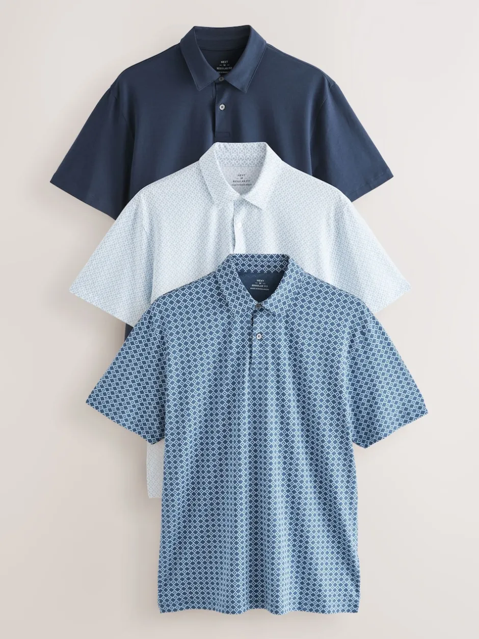 Next - Polo en jersey Manches courtes 3 Pack Géo bleu marine Sale