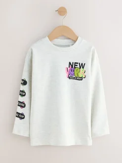 Next - Lot de 3 T-shirts à manches longues coupe décontractée avec imprimé graphique (3-16ans) Graffitis Bleu canard/Bleu/gris vif Best