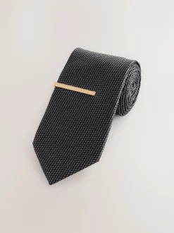 Next - Cravate texturée avec pince à cravate Gris Sale