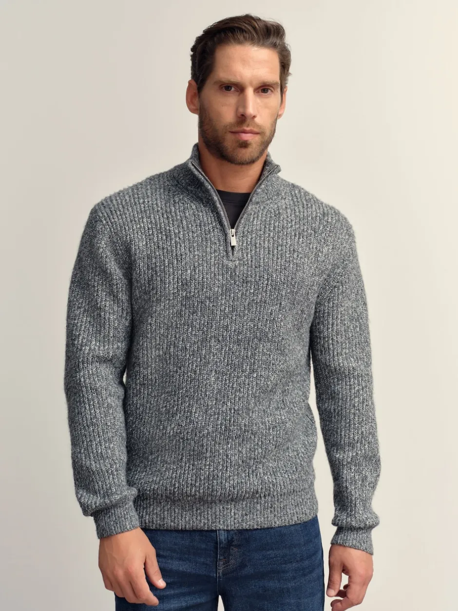 Next Gris - Pull Coupe classique texturé en maille à col zippé avec laine New