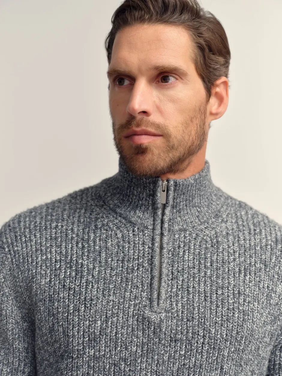 Next Gris - Pull Coupe classique texturé en maille à col zippé avec laine New