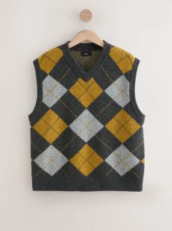 Next Gris anthracite/jaune ocre - Débardeur décontracté à col en V en maille Argyle avec laine Online