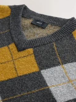Next Gris anthracite/jaune ocre - Débardeur décontracté à col en V en maille Argyle avec laine Online