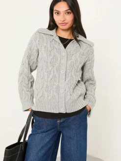 Fat Face Gris clair - Cardigan FatFace en maille à col Online