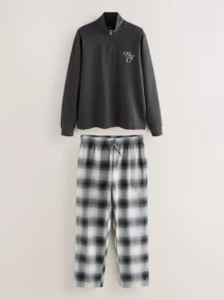 Next Gris d'ardoise - Ensemble pyjama à manches longues brodé à col zippé New