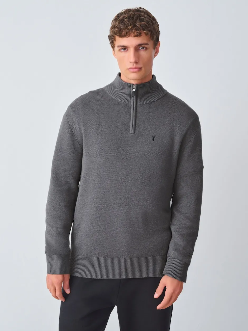 Next Gris de charbon de bois - Logo cerf - Pull N.Premium Coupe classique 100% Coton Premium à fermeture éclair New