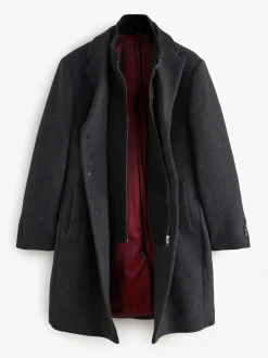 Next Gris de charbon de bois - Signature Manteau en laine richement rembourré en tissu italien doux au toucher Col cheminée Coat