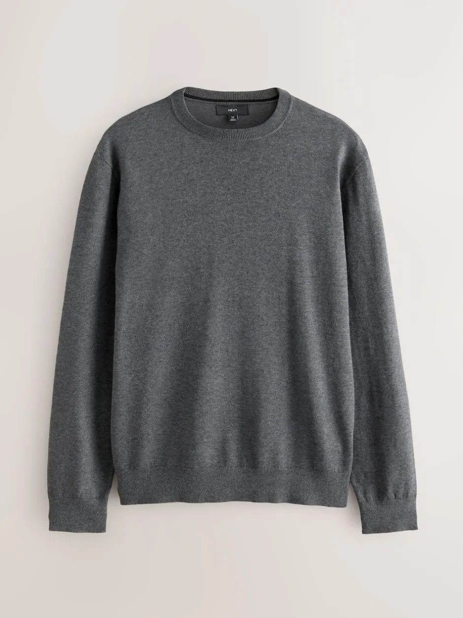 Next Gris de charbon de bois - Uni - Pull col rond riche en coton coupe classique Discount