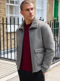 Next Gris de charbon de bois - Veste imitation daim doublure aspect peau de mouton Best