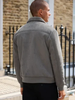 Next Gris de charbon de bois - Veste imitation daim doublure aspect peau de mouton Best