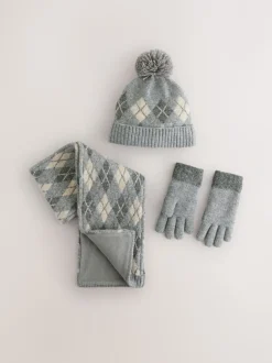 Next - Ensemble chapeau, écharpe et gants 3 pièces (3-16ans) Gris/blanc à losanges Best