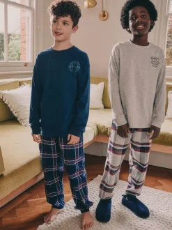 Next - Lot de 2 pyjamas en tissu à carreaux à manches longues (3-16ans) Gris/Bleu Discount