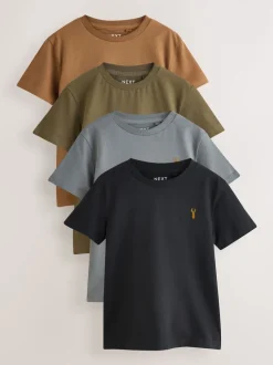 Next - T-shirt brodé Manches courtes Stag 4 Pack (3-16ans) Gris/Noir/Vert/Fauve Marron kaki Clearance