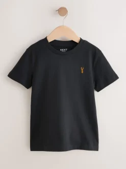 Next - T-shirt brodé Manches courtes Stag 4 Pack (3-16ans) Gris/Noir/Vert/Fauve Marron kaki Clearance