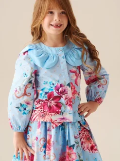 Angel & Rocket Haut Darcy bleu imprimé à col pétale Clearance