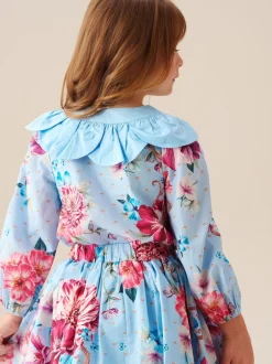 Angel & Rocket Haut Darcy bleu imprimé à col pétale Clearance