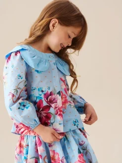 Angel & Rocket Haut Darcy bleu imprimé à col pétale Clearance