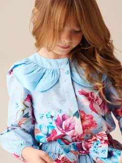 Angel & Rocket Haut Darcy bleu imprimé à col pétale Clearance