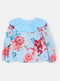 Angel & Rocket Haut Darcy bleu imprimé à col pétale Clearance