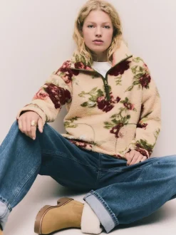 Next - Polaire douce en polaire en peau de mouton à col zippé Impression florale rose Outlet