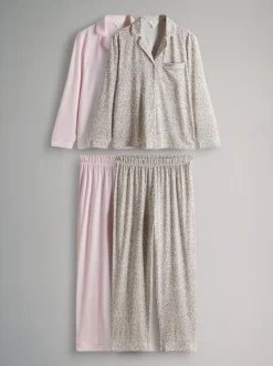 The Set Imprimé animal/rose - lot de 2 pyjamas longs boutonnés en Blend de viscose polyester avec passepoil Sale