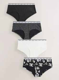 Next Imprimé floral noir / blanc - Lot de 4 culottes à logo en coton Court Outlet