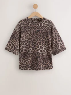Next - T-shirt décontracté à col rond avec longueur coude Imprimé Léopard Clearance