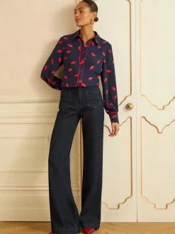 Love & Roses Imprimé lèvres bleu marine - chemise boutonnée à manches longues Hot