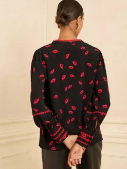 Love & Roses - Chemisier manches longues à col cranté Imprimé lèvres noires