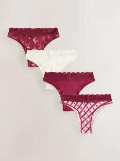 Next Imprimé nœud baies - Lot de 4 culottes en coton et dentelle Coupe très échancrée Hot