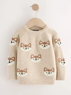 Next Imprimé renard neutre - Pull col rond en maille (3mois-7ans) Outlet