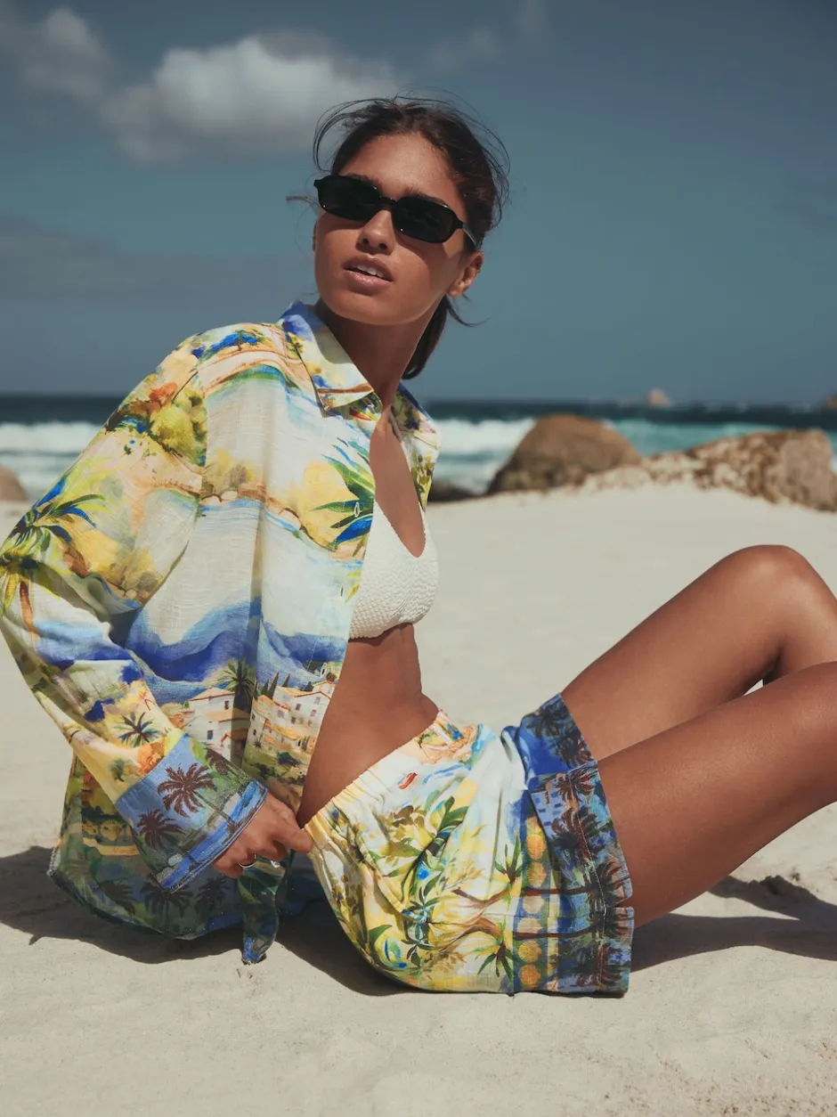 Next Imprimé scénique multicolore - Chemise décontractée à manches longues avec lin Clearance