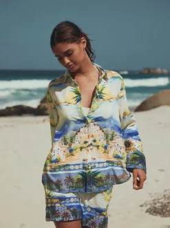 Next Imprimé scénique multicolore - Chemise décontractée à manches longues avec lin Clearance