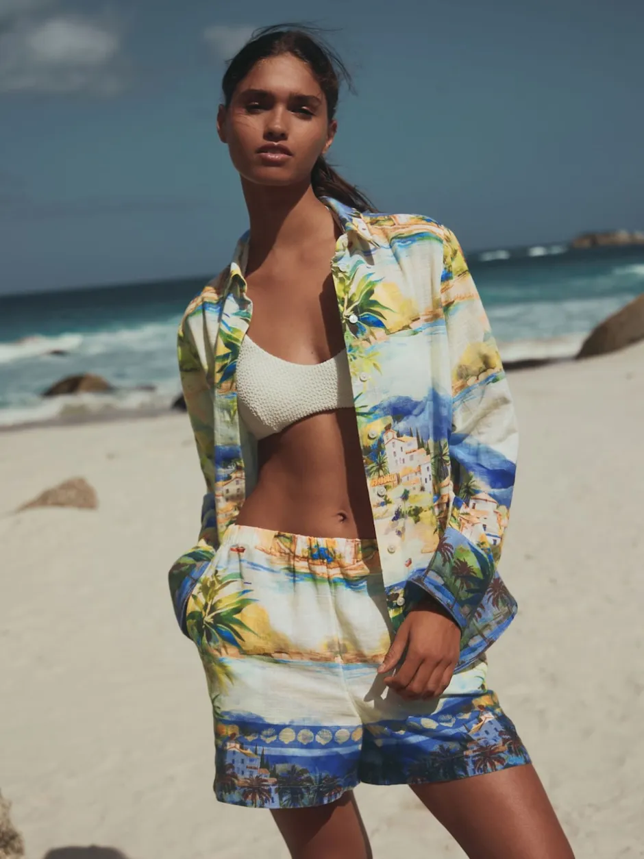 Next Imprimé scénique multicolore - Chemise décontractée à manches longues avec lin Clearance