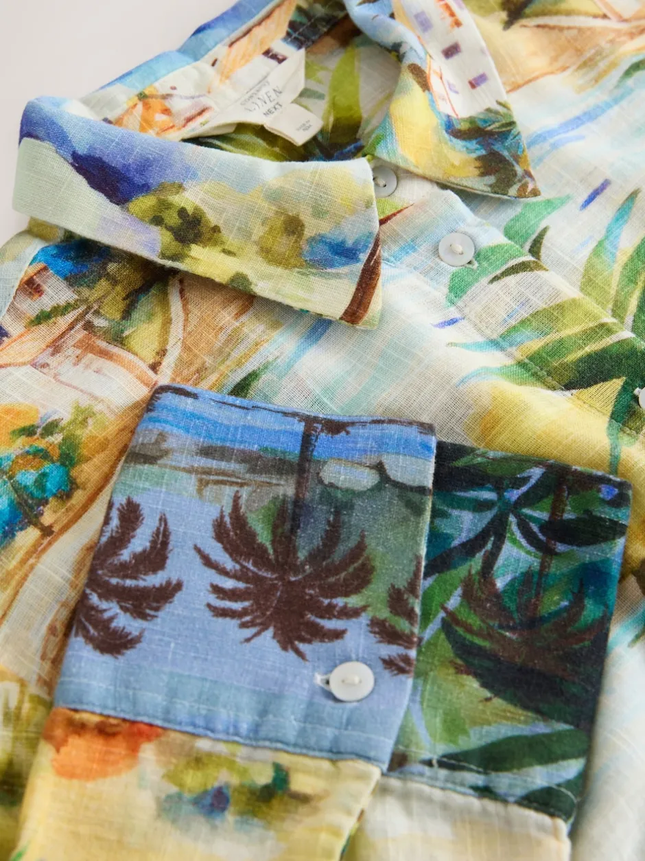 Next Imprimé scénique multicolore - Chemise décontractée à manches longues avec lin Clearance