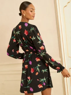 Love & Roses Imprimé tulipes Noir - Robe Courte Col en V Sale