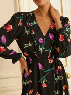 Love & Roses Imprimé tulipes Noir - Robe Courte Col en V Sale