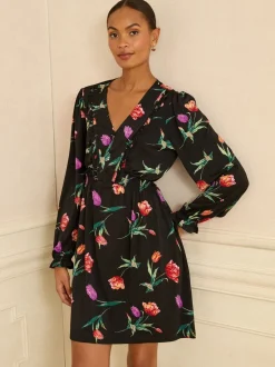 Love & Roses Imprimé tulipes Noir - Robe Courte Col en V Sale