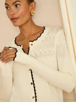 Love & Roses - Cardigan en maille Ivoire et noir festonné New