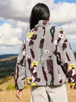 Next Jacquard gris fleuri - Sweat-shirt polaire à col zippé Borg fleuri Clearance