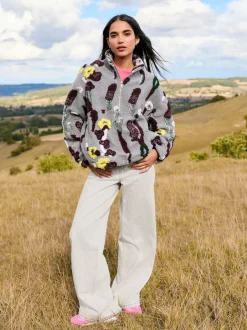 Next Jacquard gris fleuri - Sweat-shirt polaire à col zippé Borg fleuri Clearance